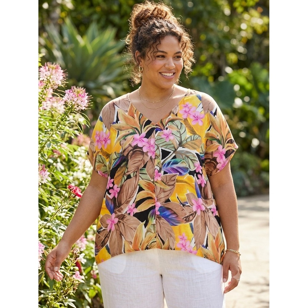 NWT Karen Kane Top Women 1X Multicolor Tropical Resortwear Floral‎ Silky Artsy